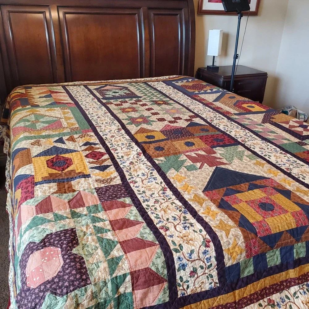 Handmade Safe Haven Cotton Heirloom Quilt Queen Patchwork Birdhouse Multi-Color